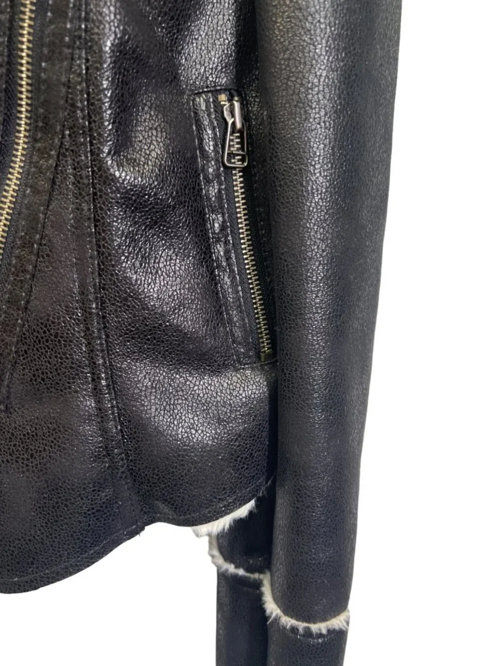 Boston Proper Black Faux Leather Off White Shearling Collar Moto Jacket